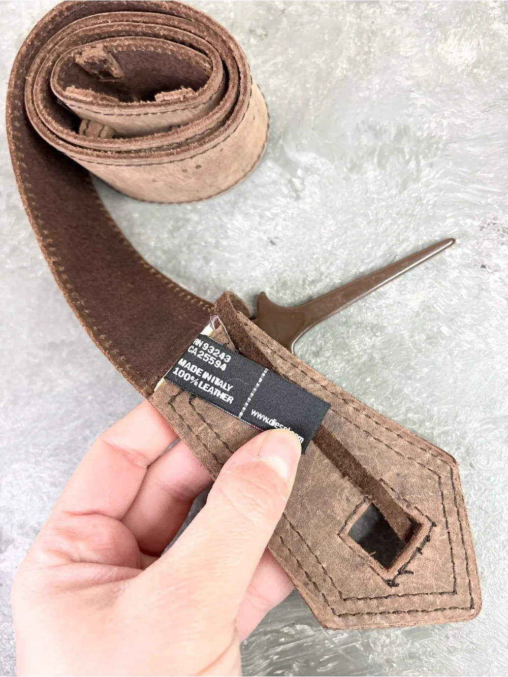 Diesel brown leather belt matured finish signature script logo dagger 34 inch
